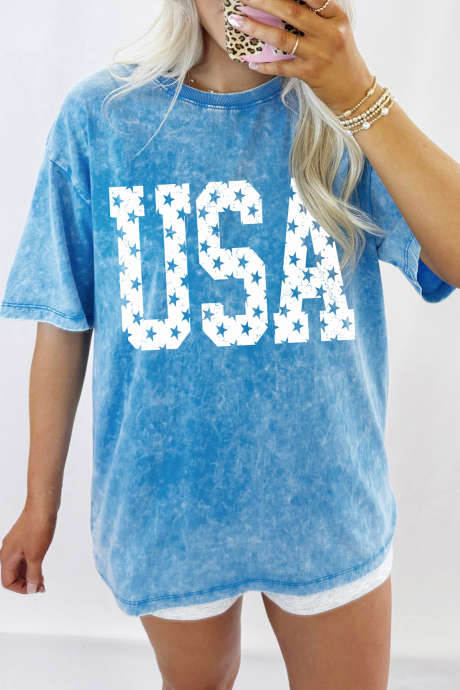 Blauw T-shirt van katoen met sterrenprint (VS) en minerale wassing