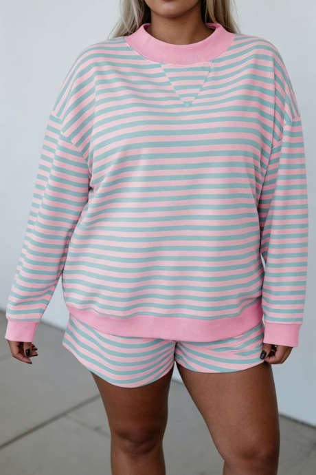 Pink Stripe Striped Long Sleeve Round Neck Two Piece Set Casual Short Dress Above Knee