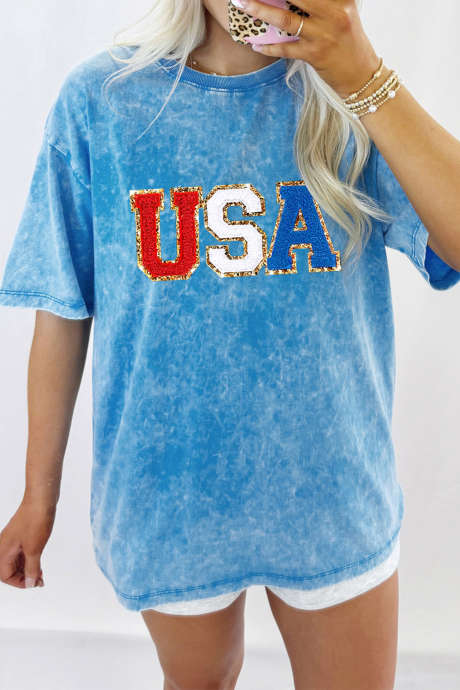 Blå USA Chenille Patch Grafisk Retro Vasket Bomull T-skjorte LC25232170-P305