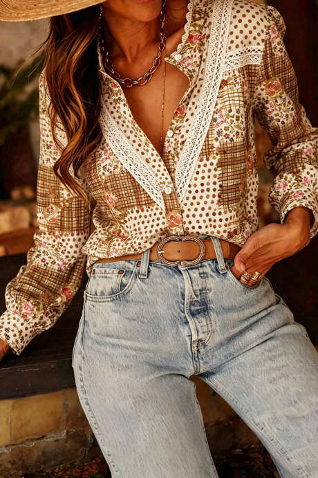 Brown Floral Patchwork Lace Trim Shirt Long Sleeve Casual Blouse