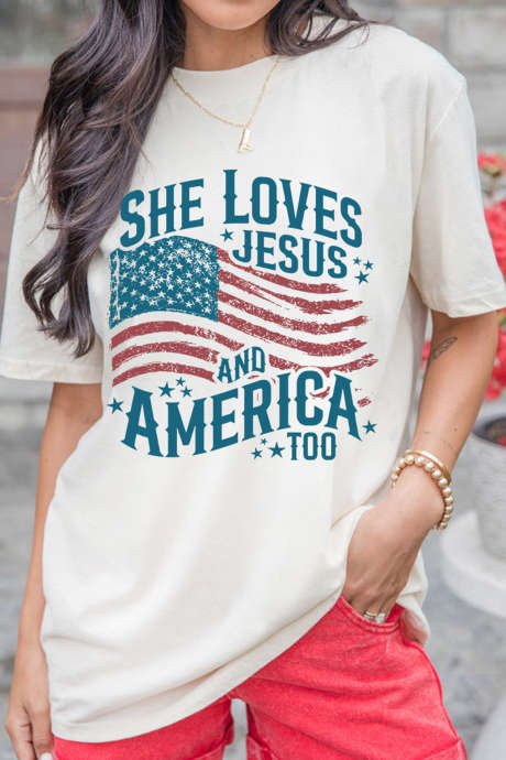 Bela majica z grafiko She Loves Jesus in America Flag LC25232171-1