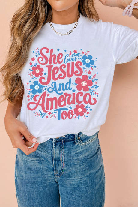 Tricou alb cu imprimeu floral She Loves Jesus And America Too LC25232173-1