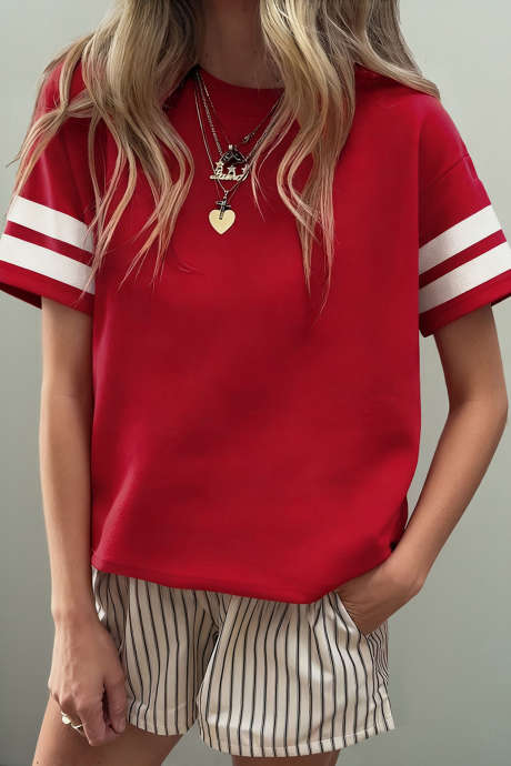 Fiery Red Varsity Striped Short Sleeve Crew Neck T Shirt LC25230382-P3