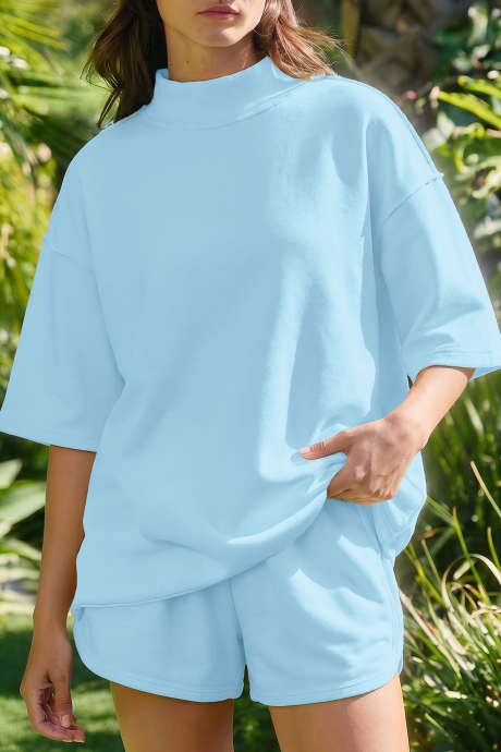 Tricou supradimensionat, culoare uni, albastru deschis, cu cusături expuse, guler fals, pantaloni scurți casual, 2 piese, LC629151-P204