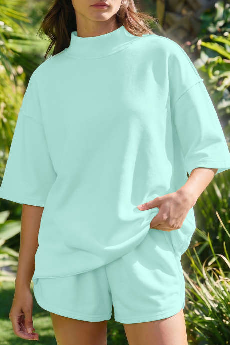 Moonlight Jade effen kleur T-shirt met zichtbare naad en opstaande kraag, oversized model, casual shorts, 2-delige set