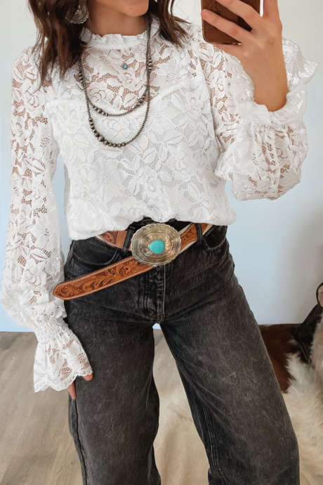 Puting Ruffled Round Neck Long Flounces Sleeve na Blusang May Manipis na Lace
