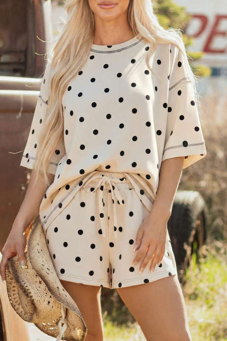 Set pantaloni scurți cu șnur și buline, albi, cu cusături expuse și detalii de la cusături expuse, LC629345-P120