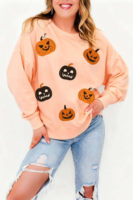 Sweatshirt na may Kahel na Kalabasa para sa Halloween na may Mukha at Pababang Balikat na may Patong