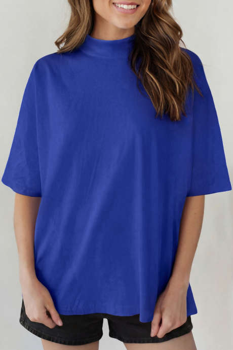 T-shirt oversize bleu foncé uni à col montant LC25231614-P5