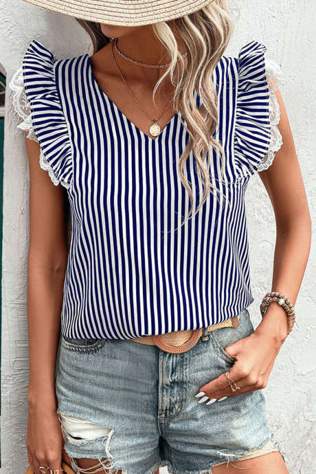 Blue Stripe V Neck Lace Contrast Ruffle Trim Tank Top LC25613928-P519