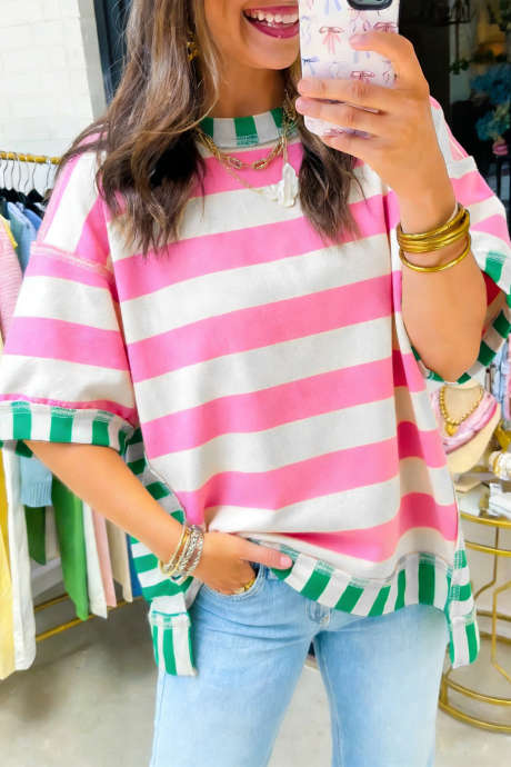 Top roz cu dungi expuse, model patchwork în contrast, supradimensionat