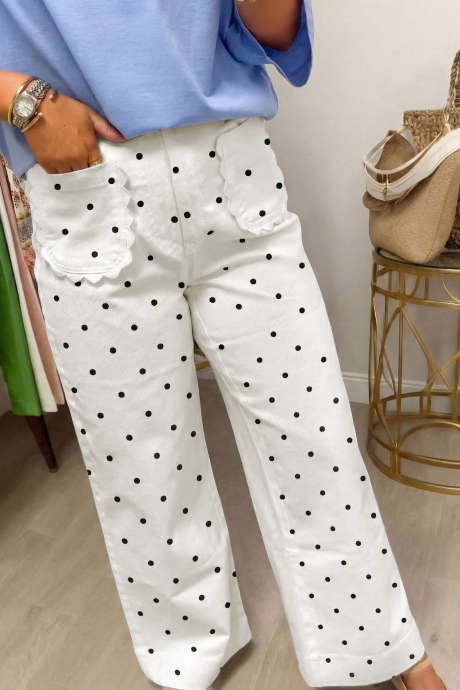 Puting Polka Dot Print na may Scalloped Patch Pocket na Pantalon na Cotton Shift