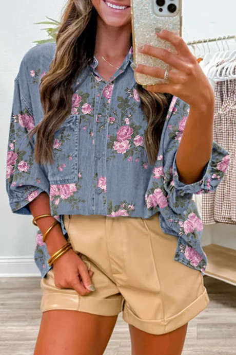 Blue Bracelet Sleeve Floral Denim Shirt LC7821572-P520