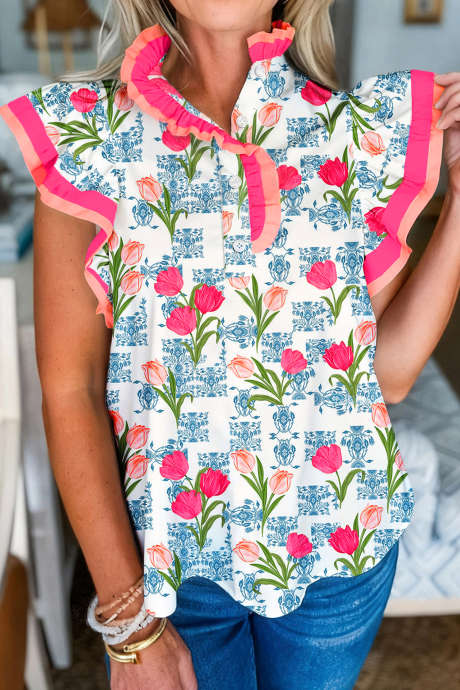 Bluse med rosa blomstertrykk, fargeblokk og stripete kanter, flagrende ermer og halvknapper LC25136426-P620