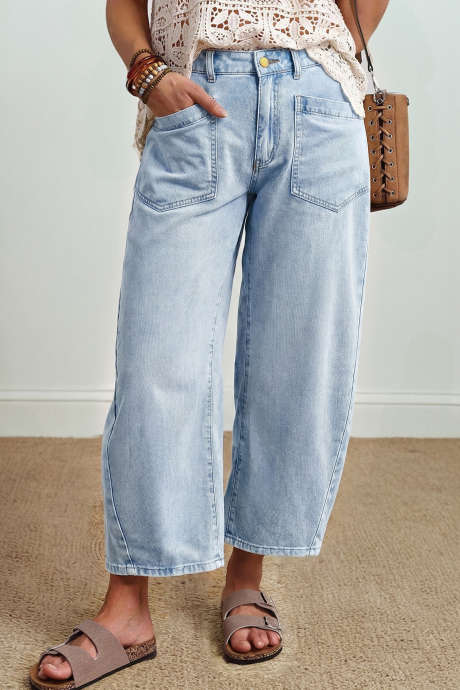 Beau Blue Solid Color Square Patch Pocket Ankle-length Barrel Jeans