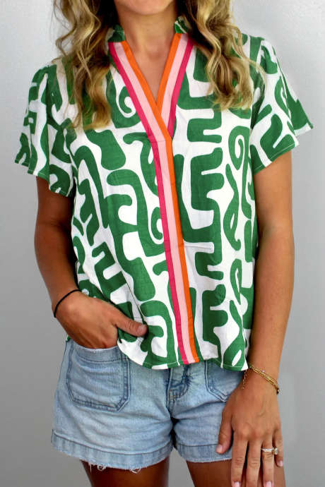 Green Abstract Print Striped Trim V Neck Short Sleeve Blouse LC25137110-P920