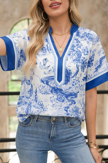 Blue Wild Animal Paradise Contrast V Neck Raglan Sleeve Blouse LC25136902-P520