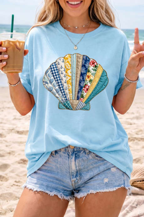 Light Blue Faux Patchwork Seashell Printed Casual T Shirt