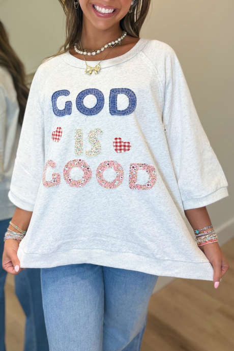 Lysegrå GUD ER GOD Lappeteknikk Applikert Avslappet Tunika Topp med 3/4 Ermer