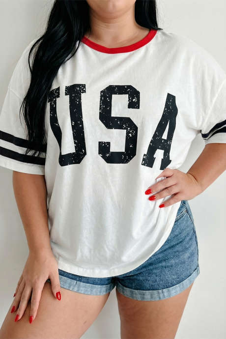 Tricou alb retro cu dungi retro SUA, mânecă scurtă, mărime mare PL25231113-P1