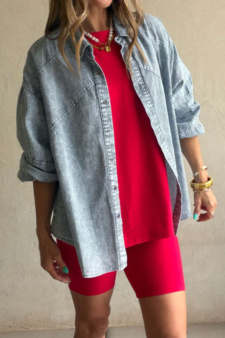 Sky Blue Stripe Striped Tunic Shirt Collar Long Sleeve Casual Denim Top