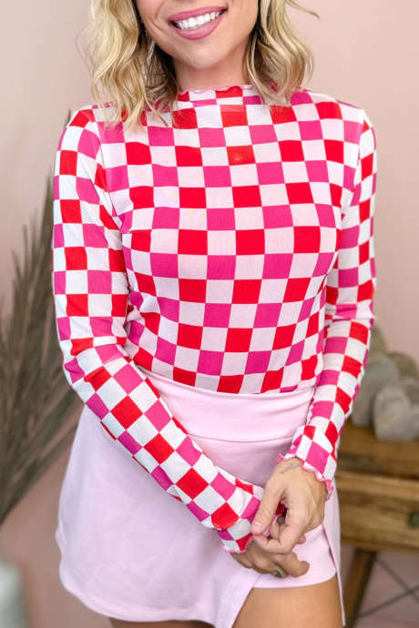 Rose Plaid High Neck Mesh Long Sleeve Top