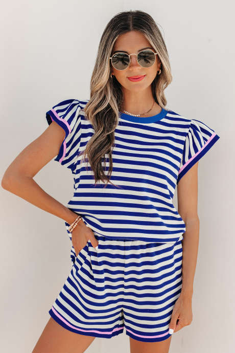 Blue Stripe Contrast Trim Cap Sleeve Top Casual Shorts 2pcs Set LC629069-P519