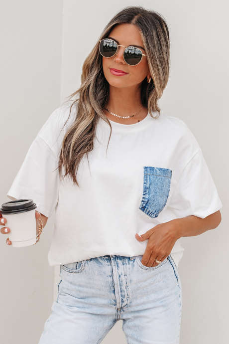 White Color Block Chest Pocket Patched Casual Short Sleeve Top LC25136760-P1