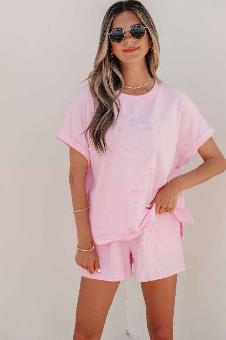 Pink Stripe Matching Oversized Tee and Drawstring Shorts Set