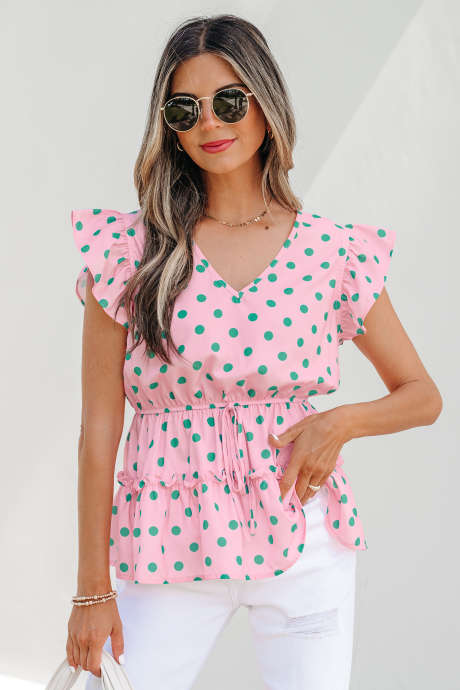 Blusa babydoll a balze con coulisse e stampa a pois rosa con scollo a V