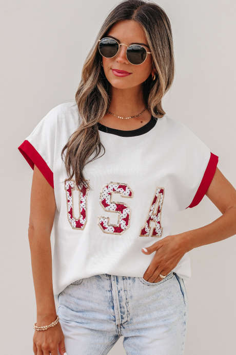 White USA Sequin Color Block Trim Loose T Shirt
