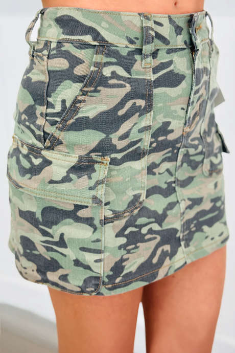 Multicolour Camo Print Western Mini Skirt With Pockets Daily Wear Denim