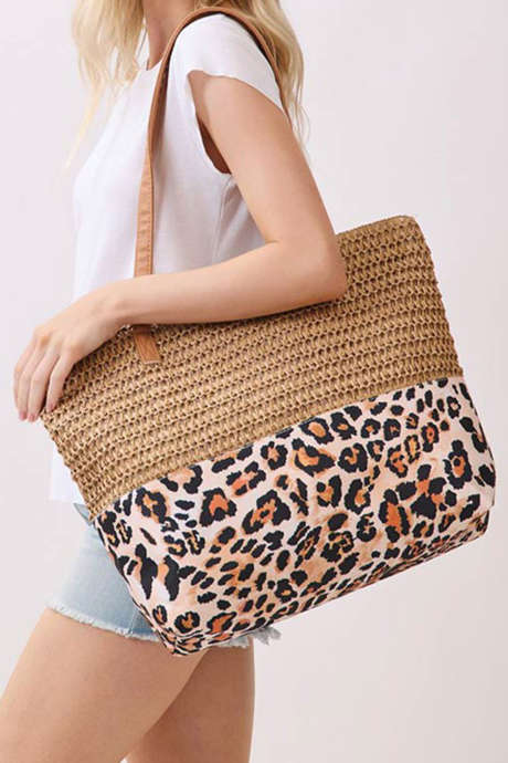 Thai Curry Straw Woven Leopard Patchwork Large Tote Bag BH031613-P1717