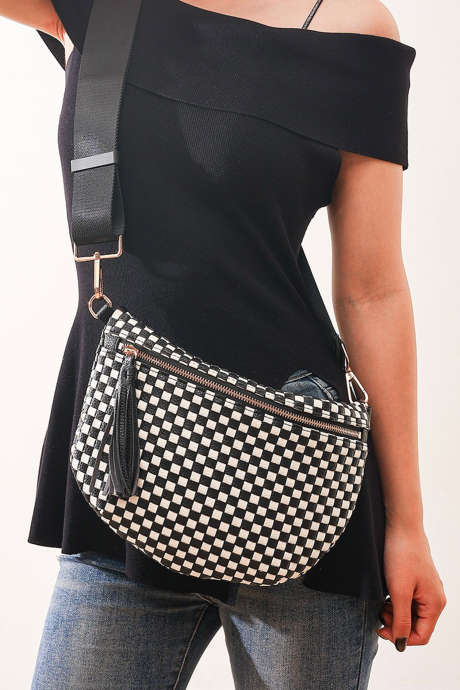 Geantă crossbody din piele PU țesută în carouri, culoare neagră, curea reglabilă, mărime mare BH031625-P202