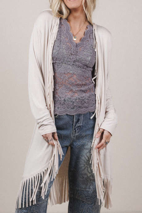 Beige Long Sleeve Fringe Tunic Open Front Casual Cardigan