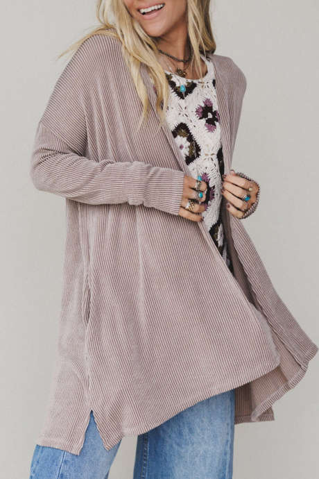 Smoke Gray Ribbed Knit Long Sleeve Tunic Cardigan with Pockets Casual Fall Wear