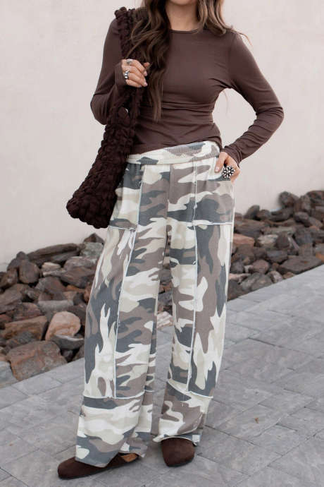 Multicolour Camo Wide Leg Pants Casual Daily Wear Full Length Shift Silhouette Pocket Detail Trousers