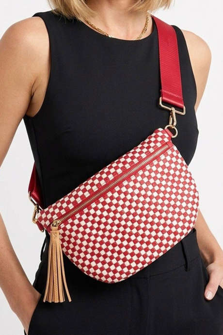 Fiery Red Checkered Woven PU Leather Crossbody Bag Adjustable Strap Large Size BH031625-P3