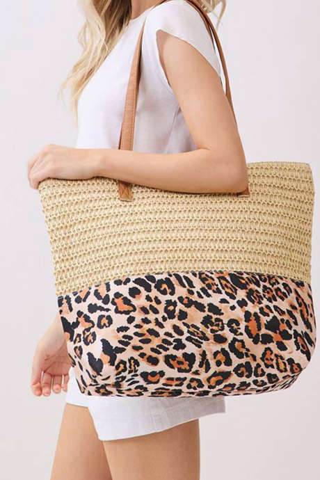 Beige Straw Woven Leopard Patchwork Large Tote Bag BH031613-P15