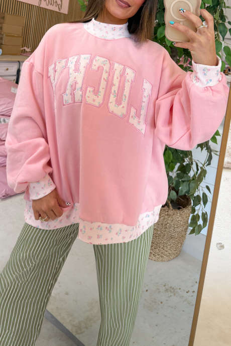 Pink Patchwork High Neck Sweatshirt Floral Embroidery Casual Fit Pullover