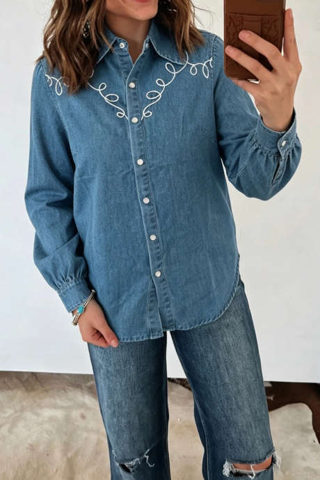 Dusk Blue Western Embroidered Long Sleeve Denim Shirt Regular Fit Beach Vacation Daily Wear