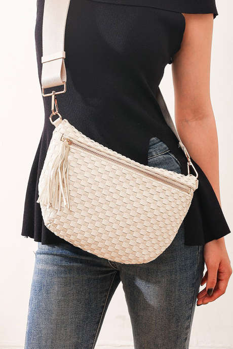 White Checkered Woven PU Leather Crossbody Bag Adjustable Strap Large Size