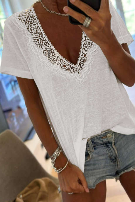 White Hollowed Lace Splicing V Neck T Shirt LC25231606-P1
