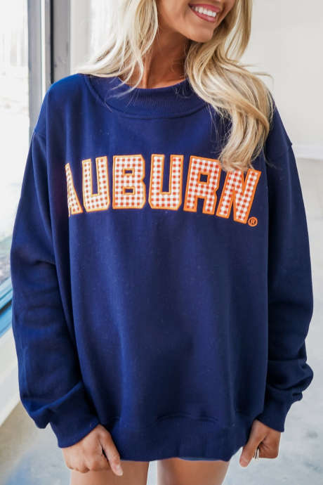 Dirty blue Auburn Plaid Letter Pullover Sweatshirt Game Day Casual Tunic Crewneck