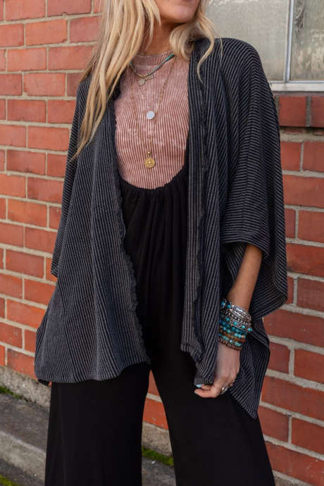 Black Casual Twist Ribbed Tunic Cardigan Bracelet Sleeve Daily Wear