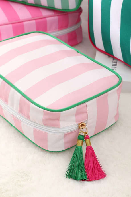 Pink Striped Print Tassel Zipper PU Large Cosmetic Bag BH031644-P10