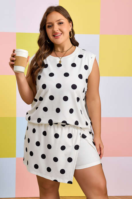 Λευκό, Plus Size, Φούτερ με Στάμπα και Πουά, 2 Τεμάχια