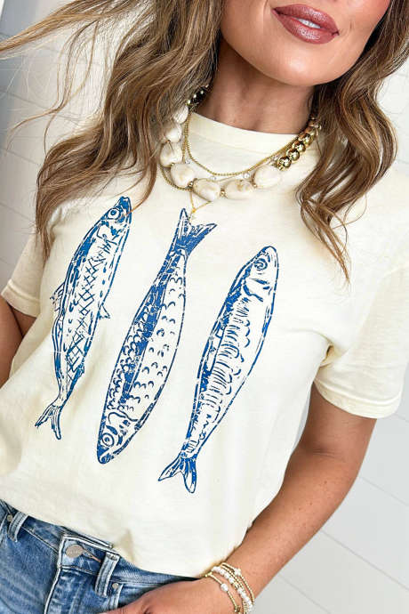 ホワイトフィッシュプリント半袖ラウンドネックTシャツ
