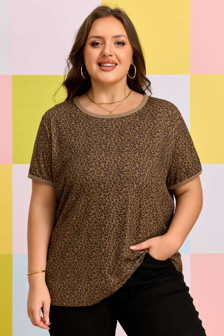 Khaki T-shirt met luipaardprint en ronde hals, plus size