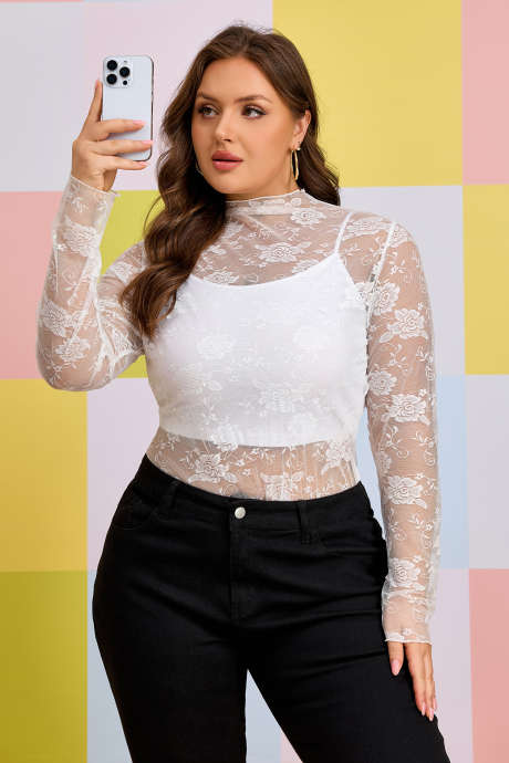 Witte top met lange mouwen en bloemenprint van mesh in grote maten